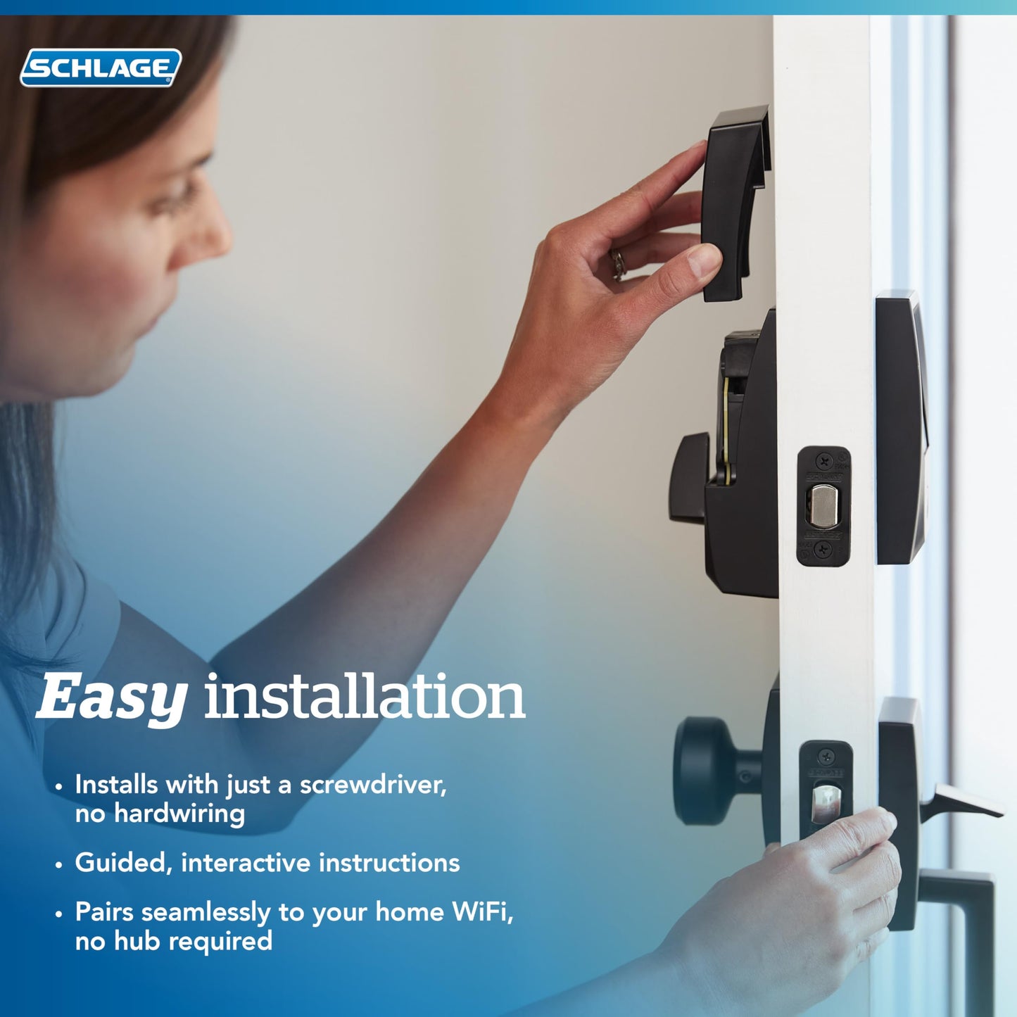 Schlage Encode Plus satin nickel, WiFi smart deadbolt, Apple HomeKit & Alexa support.