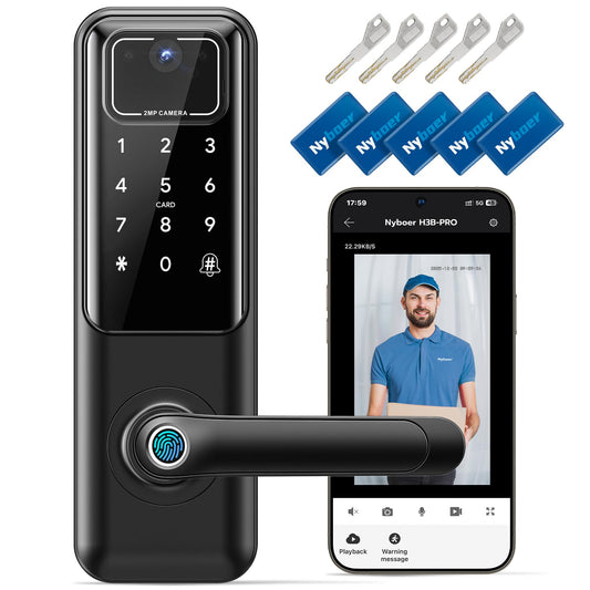 WiFi smart door lock with camera & doorbell, fingerprint, keypad & app control.