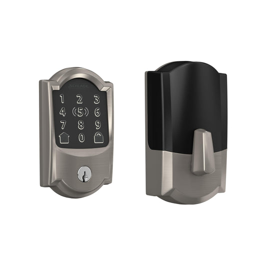 Schlage Encode Plus satin nickel, WiFi smart deadbolt, Apple HomeKit & Alexa support.