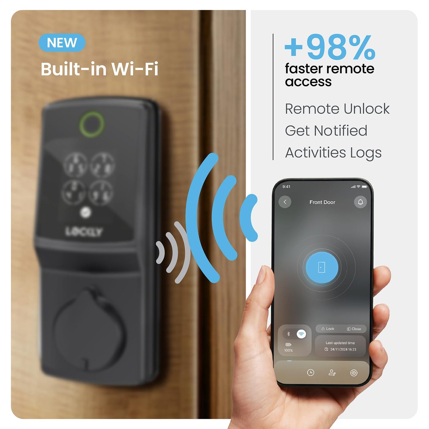 Lockly Secure Pro smart lock, WiFi, fingerprint + PIN keypad, auto lock & app control.