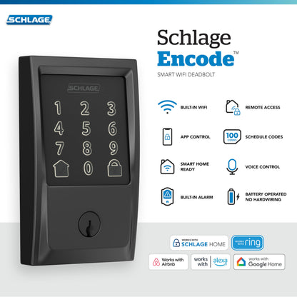 Schlage Encode matte black smart WiFi deadbolt, keypad, Alexa & Google Home ready.