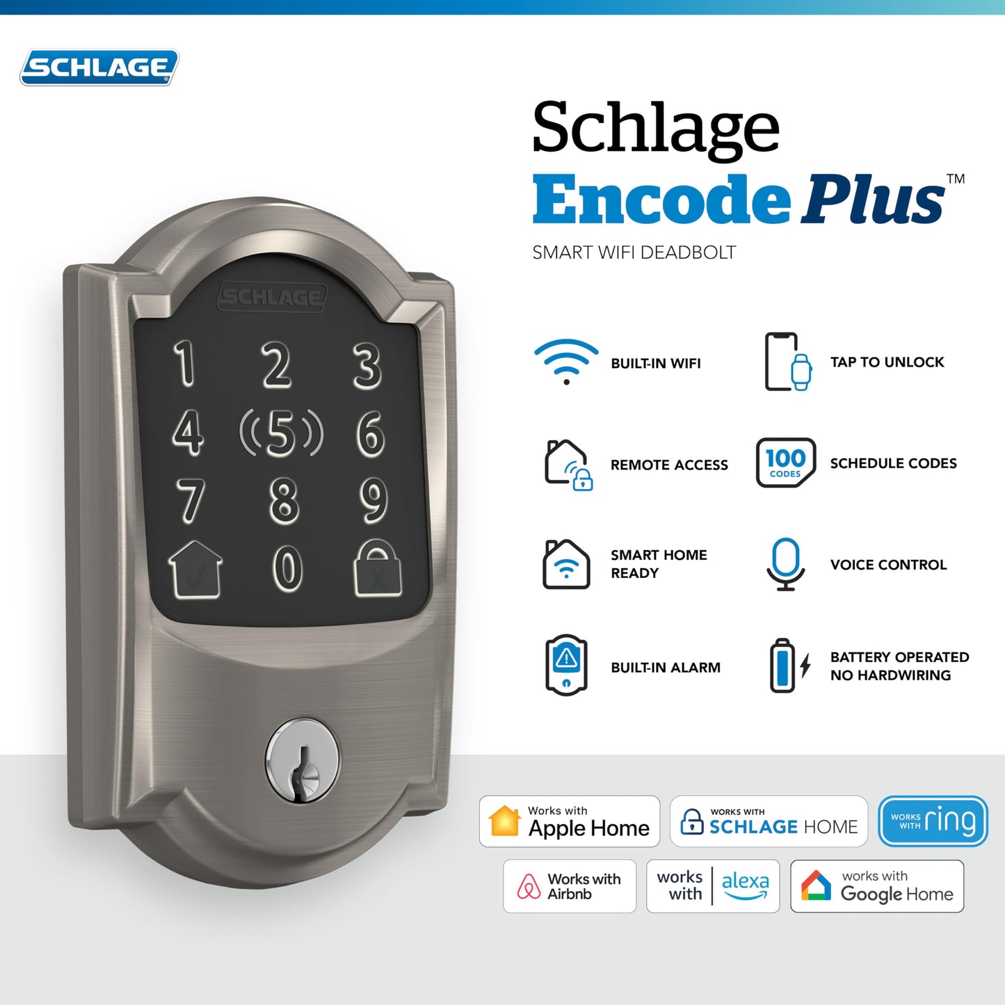 Schlage Encode Plus satin nickel, WiFi smart deadbolt, Apple HomeKit & Alexa support.