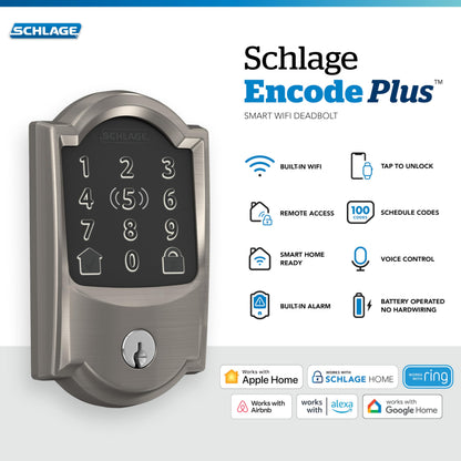 Schlage Encode Plus satin nickel, WiFi smart deadbolt, Apple HomeKit & Alexa support.