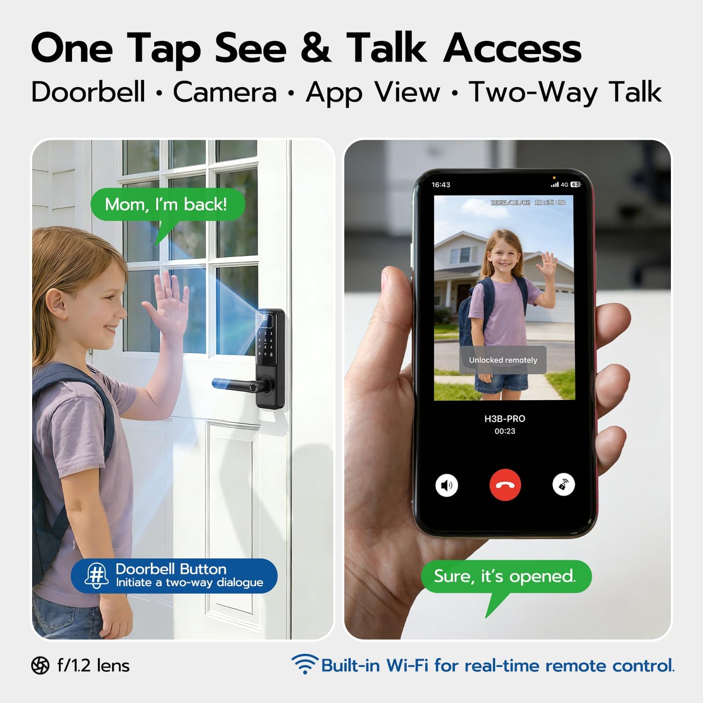 WiFi smart door lock with camera & doorbell, fingerprint, keypad & app control.