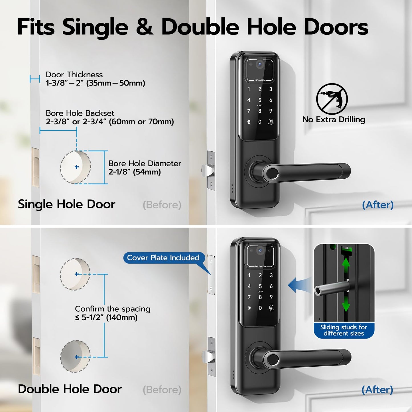 WiFi smart door lock with camera & doorbell, fingerprint, keypad & app control.