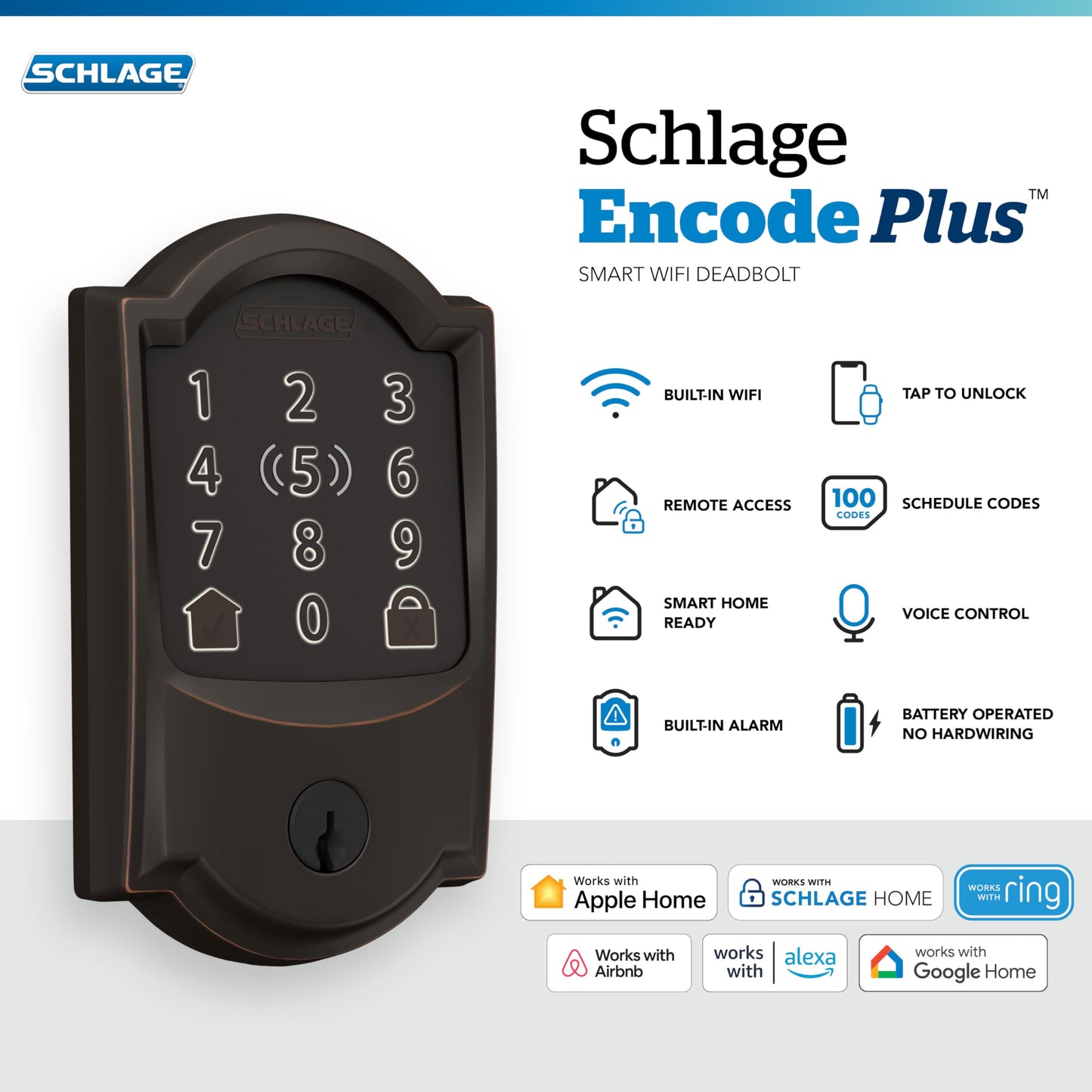 Schlage Encode Plus smart lock, WiFi deadbolt, Apple Watch unlock, HomeKit & Alexa compatible.