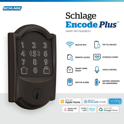 Schlage Encode Plus smart lock, WiFi deadbolt, Apple Watch unlock, HomeKit & Alexa compatible.