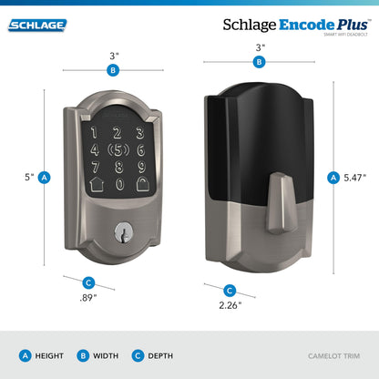 Schlage Encode Plus satin nickel, WiFi smart deadbolt, Apple HomeKit & Alexa support.
