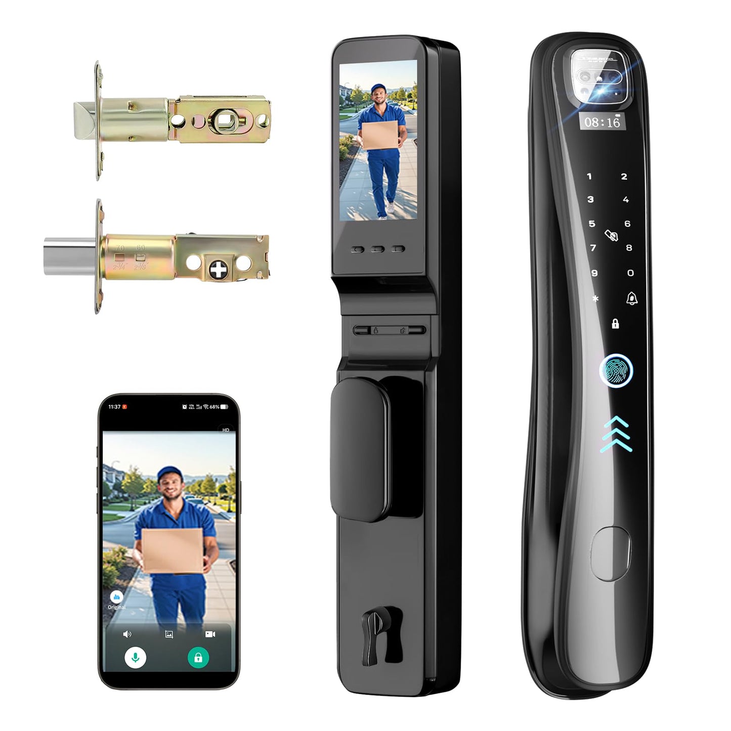 Smart lock with camera, 8-in-1 entry system, fingerprint, keypad & voice control.