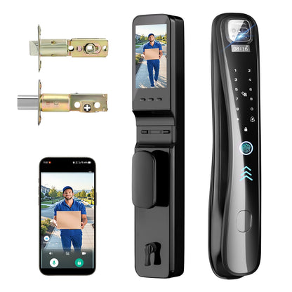 Smart lock with camera, 8-in-1 entry system, fingerprint, keypad & voice control.