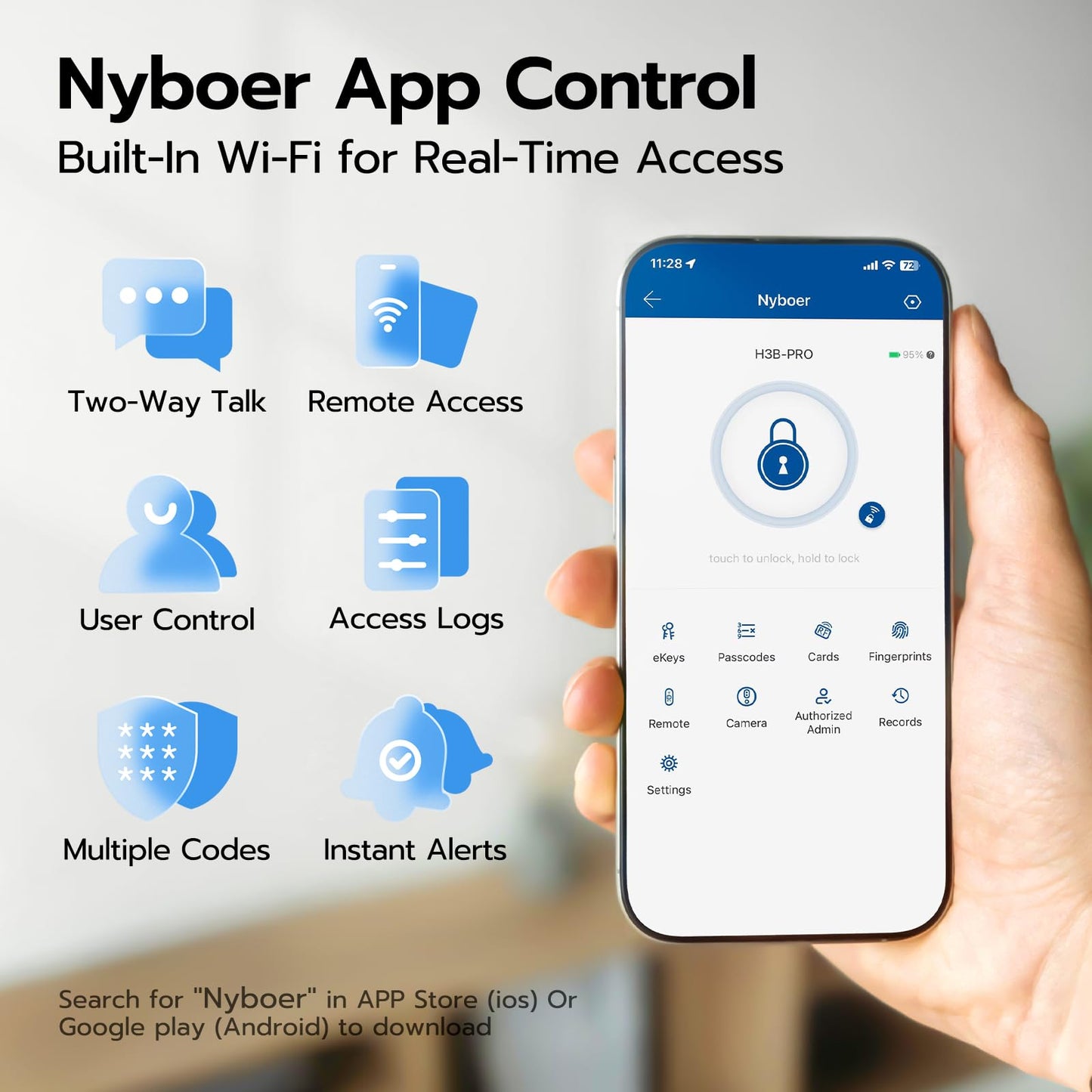 WiFi smart door lock with camera & doorbell, fingerprint, keypad & app control.