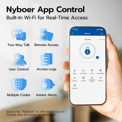 WiFi smart door lock with camera & doorbell, fingerprint, keypad & app control.