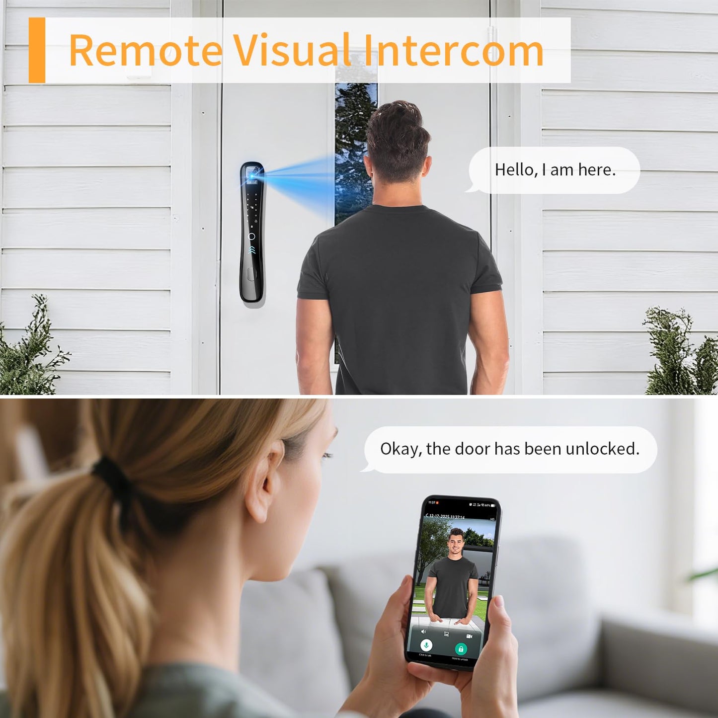 Smart lock with camera, 8-in-1 entry system, fingerprint, keypad & voice control.