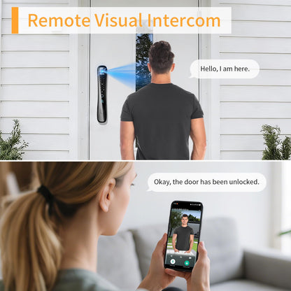 Smart lock with camera, 8-in-1 entry system, fingerprint, keypad & voice control.