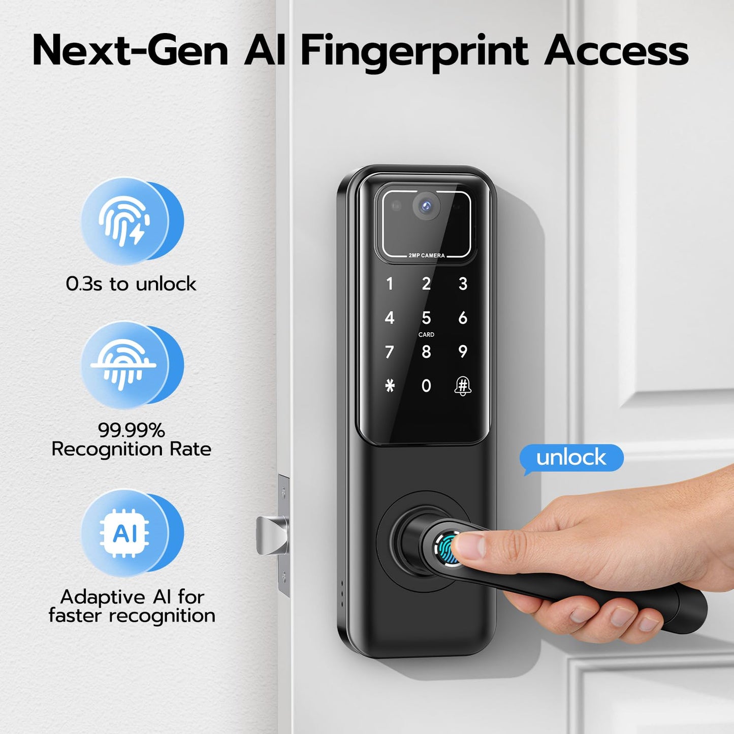WiFi smart door lock with camera & doorbell, fingerprint, keypad & app control.