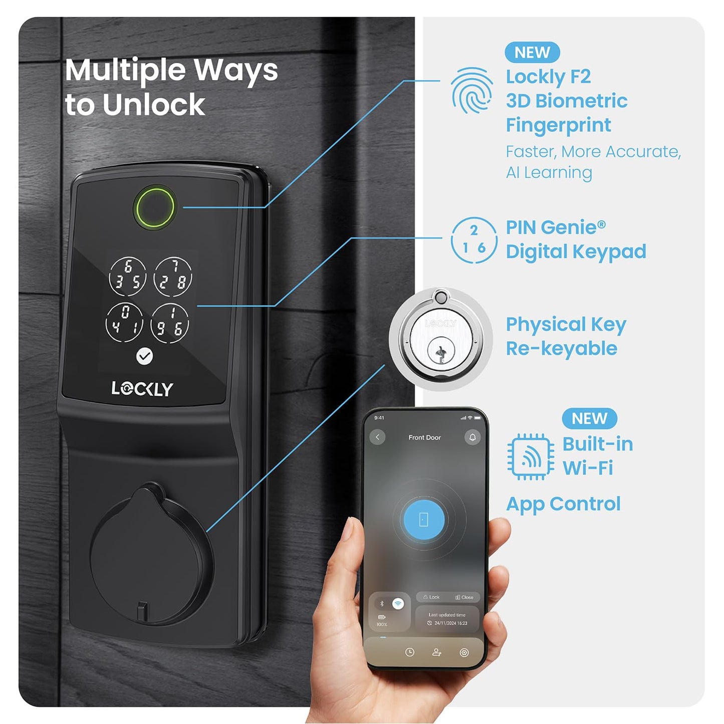 Lockly Secure Pro smart lock, WiFi, fingerprint + PIN keypad, auto lock & app control.