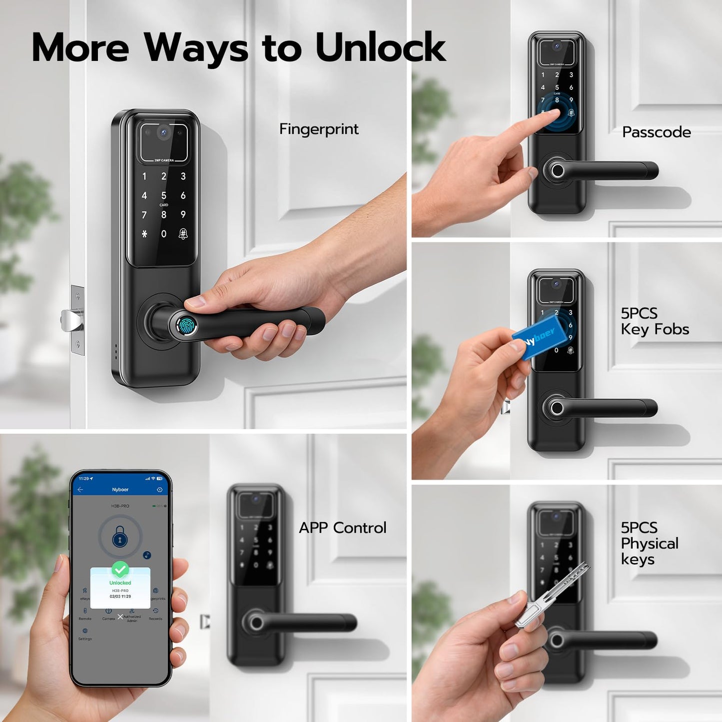 WiFi smart door lock with camera & doorbell, fingerprint, keypad & app control.