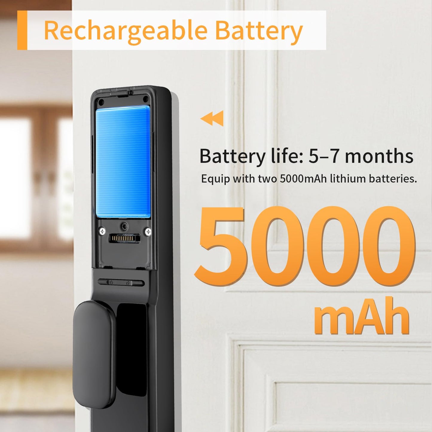Smart lock with camera, 8-in-1 entry system, fingerprint, keypad & voice control.