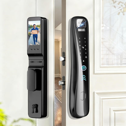 Smart lock with camera, 8-in-1 entry system, fingerprint, keypad & voice control.