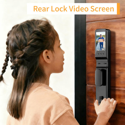 Smart lock with camera, 8-in-1 entry system, fingerprint, keypad & voice control.