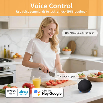 Smart lock with camera, 8-in-1 entry system, fingerprint, keypad & voice control.