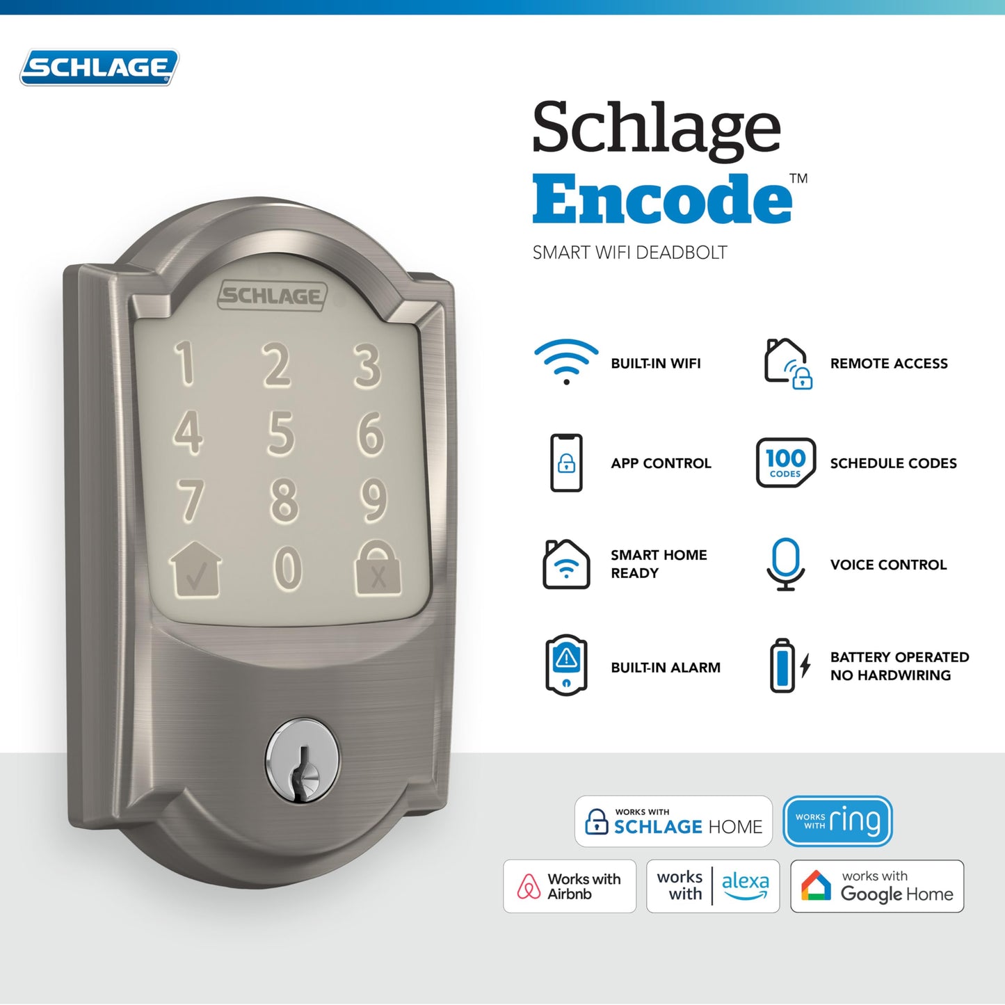 Schlage Encode smart WiFi deadbolt, touchscreen keypad, Alexa & Google Home compatible.