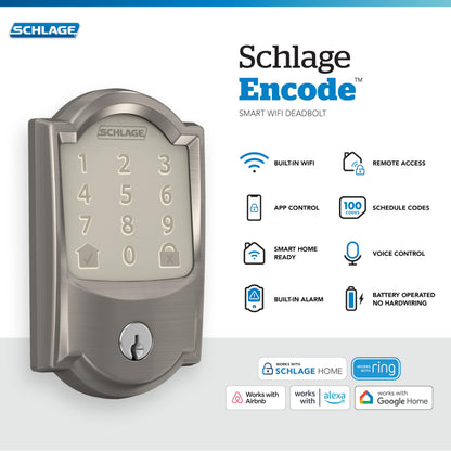 Schlage Encode smart WiFi deadbolt, touchscreen keypad, Alexa & Google Home compatible.