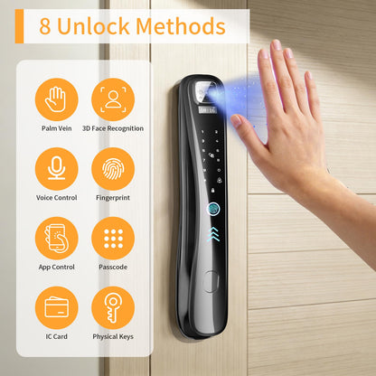 Smart lock with camera, 8-in-1 entry system, fingerprint, keypad & voice control.