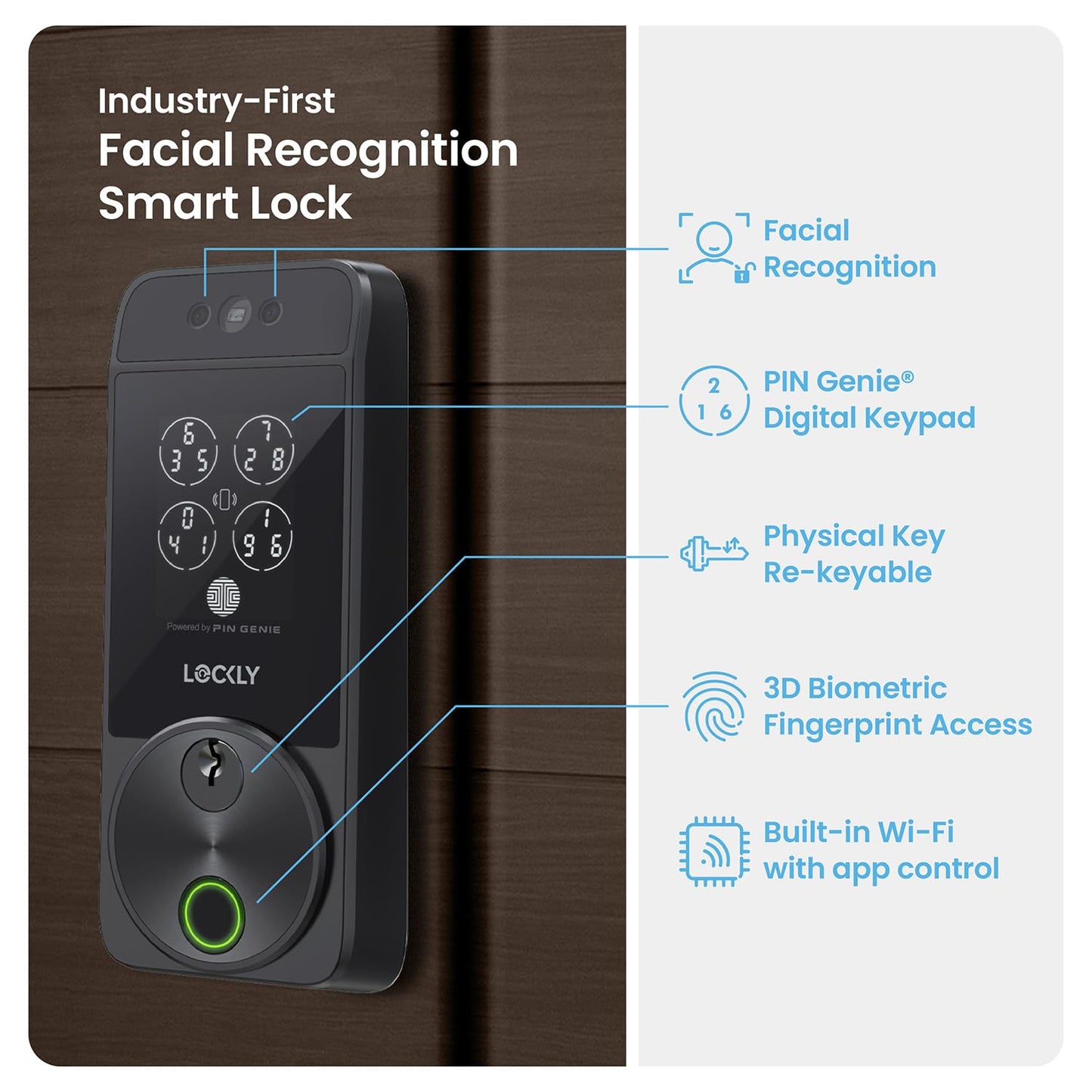 Lockly Visage smart lock, facial recognition + fingerprint, Apple Home Key support.