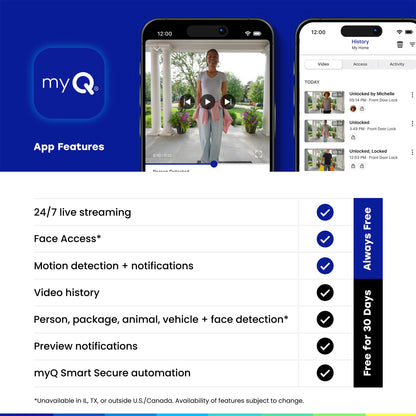 myQ Secure View smart lock, 2K camera doorbell, fingerprint, face & app control.