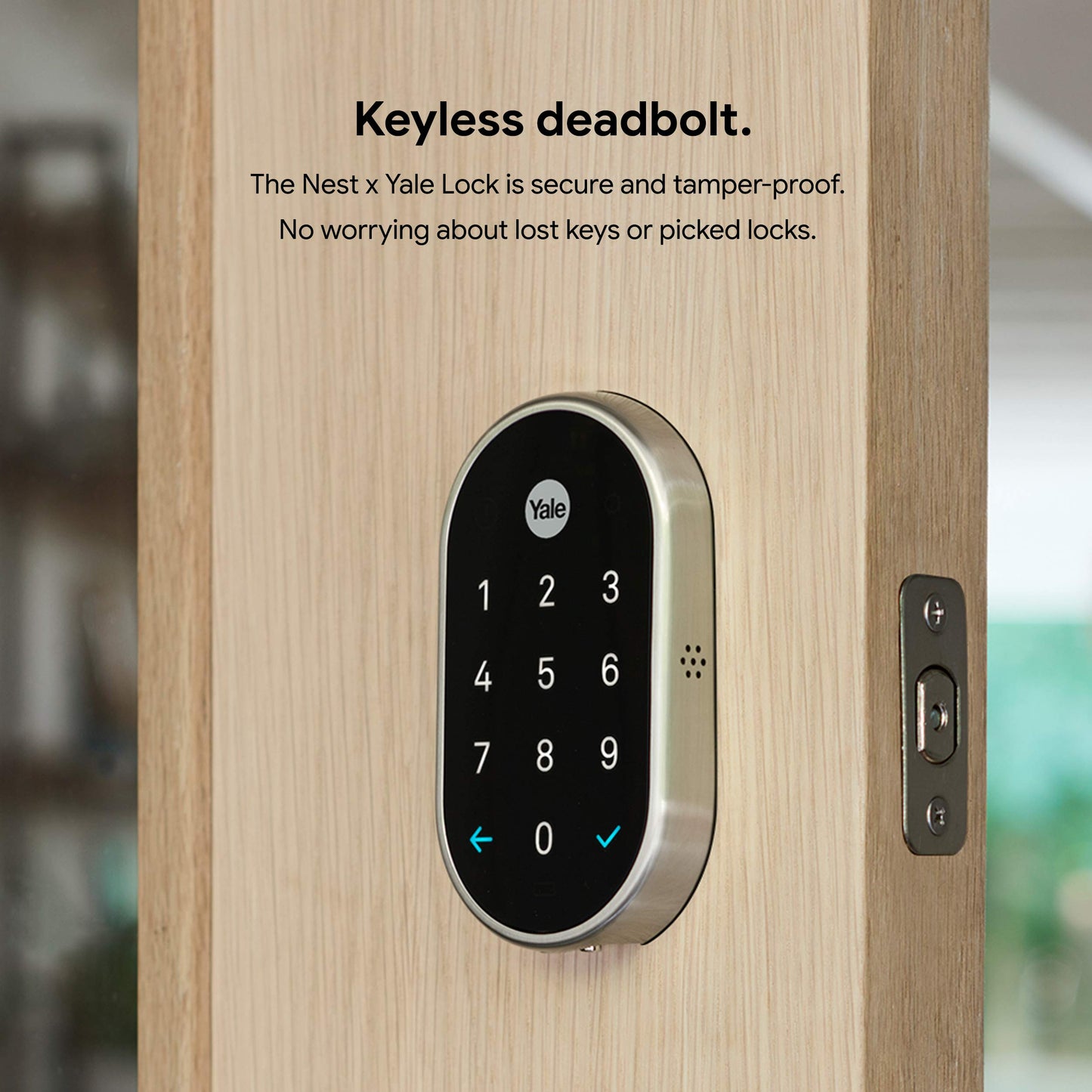 Google Nest x Yale smart lock, keyless keypad deadbolt, tamper-proof security.