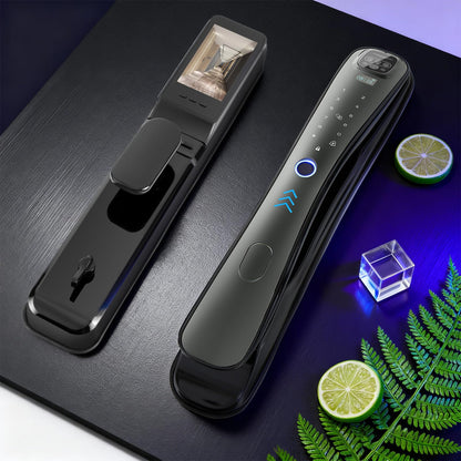 Smart lock with camera, 8-in-1 entry system, fingerprint, keypad & voice control.